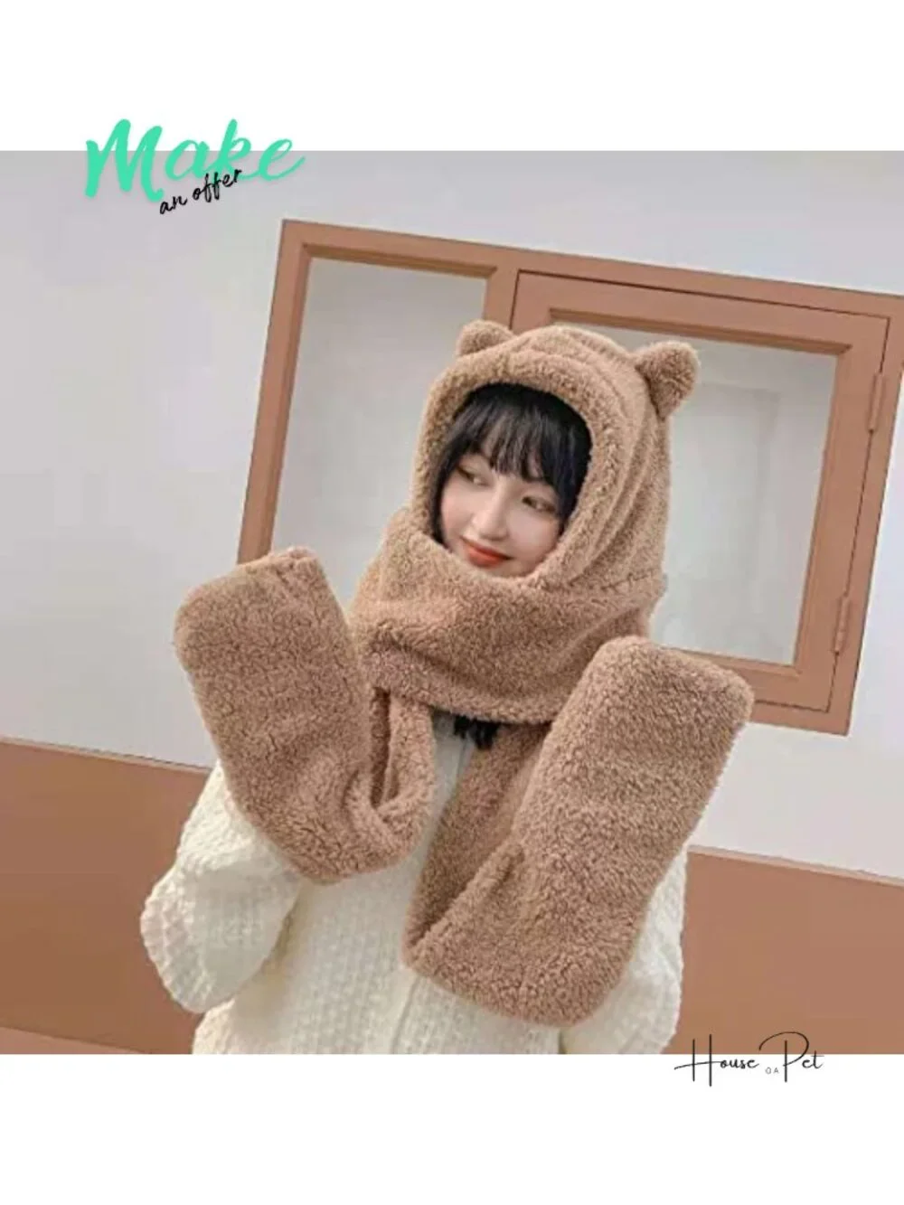 Plush Hooded Hat Long Scarf Gloves Set Bear Ear Winter Warm Accessories